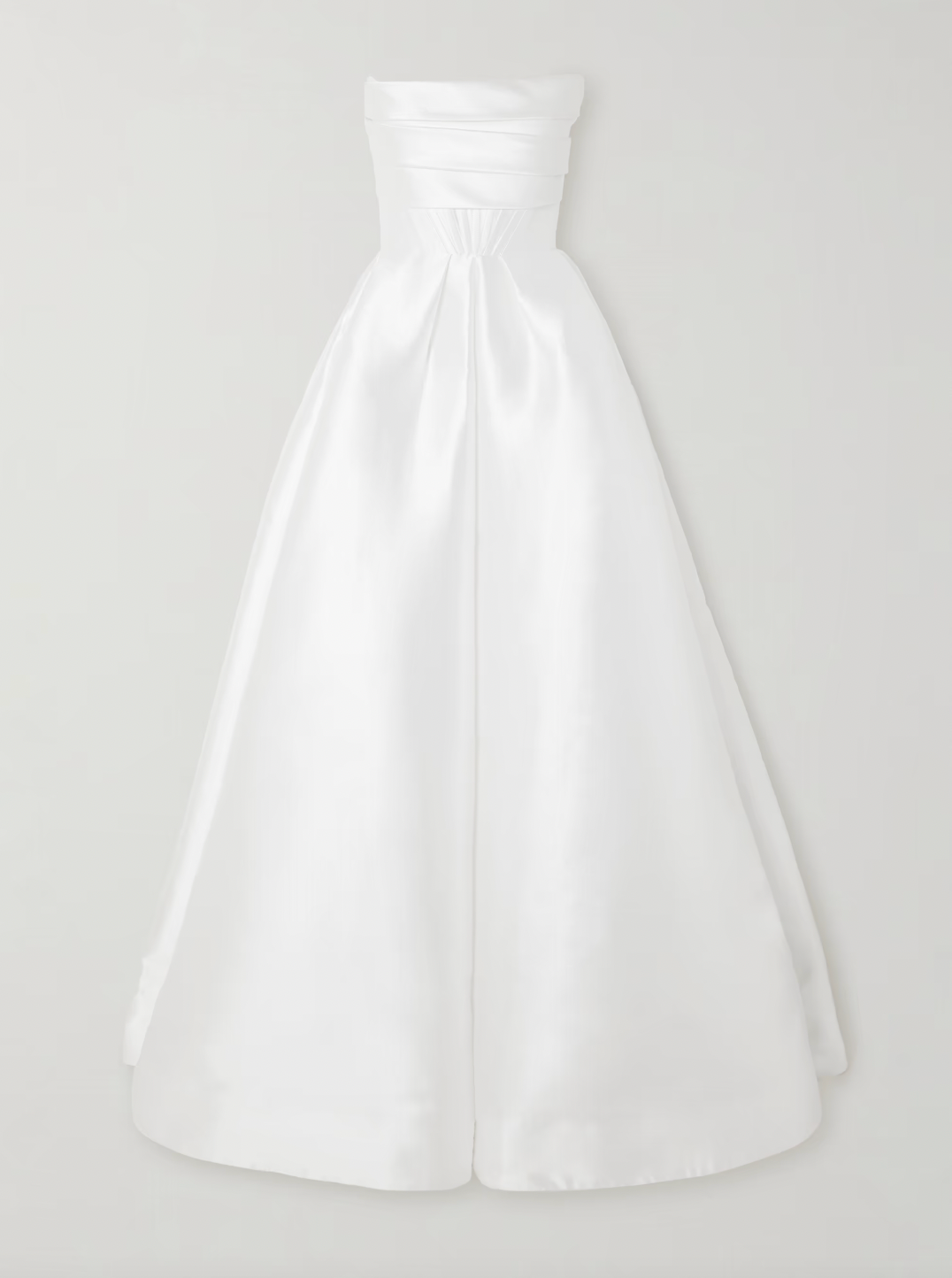 'Isobel' gown is such an elegant choice for your special day. Crafted from white satin-faille with a lustrous finish, it has the signature sculptural bodice and a full skirt with pleats that add structure and volume.