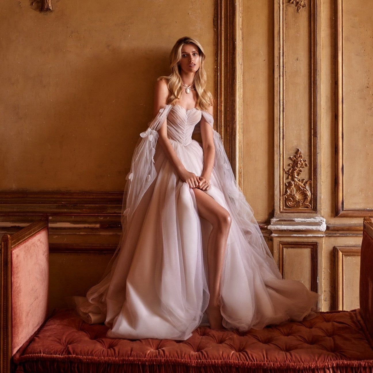 Get ready to turn heads in our Dress Fiona! This soft-colored A-line dress features a delicate train and a shoulder-baring corset with removable cups and a lace-up back. Adorned with hand-embroidered petals and mesh sleeves, the lightweight and airy mesh and organza skirt is cinched at the waist with an embroidered belt. Be effortlessly elegant and playful in this one-of-a-kind dress!
