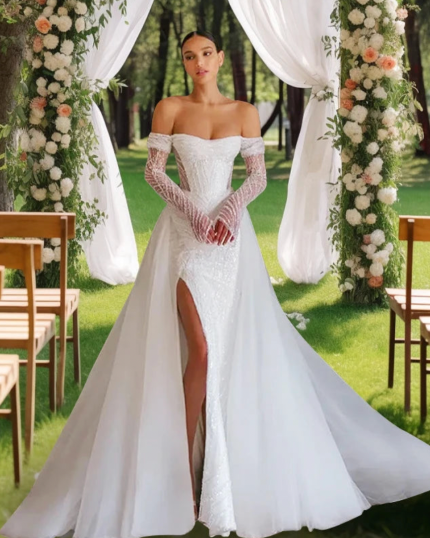 Effie is a luxurious fitted mermaid gown made of exclusive beaded lace. The off-shoulder neckline bares the collarbones adding seductiveness, the corset is decorated with sheer nude side pannels and long translucent lace sleeves look extravagant. The sheath skirt is embellished with thigh high slit and a Tulle overskirt is fastened on the waistline.