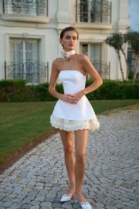 Indulge in luxury with our Robe Cherryl bridal gown! The white satin fabric with 3D flowers and lace up design brings a touch of elegance to your special day. With the A-line silhouette, this dress flatters all body types, making you feel confident and beautiful. Make your wedding dreams come true!