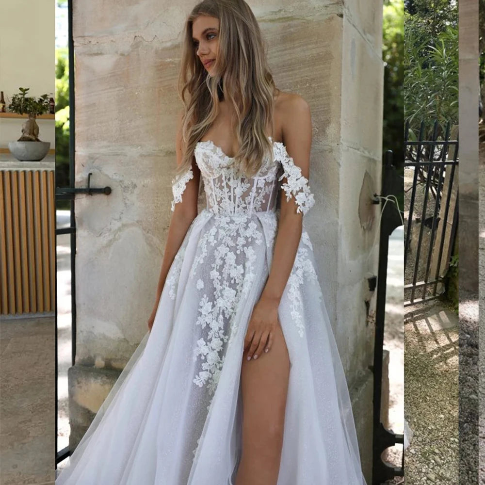 Be the picture of elegance in our Dress Isabella. This beautiful mermaid style wedding dress features an off-shoulder design, sleeveless top, and a high split for a sexy touch. With a sweetheart neckline and backless detail, you'll stun from every angle. Make a statement on your special day with this elegant bridal gown.
