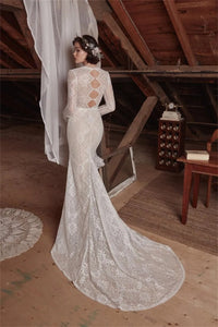 The Aveline wedding dress is perfect for looking beautiful and confident on your special day. The sexy mermaid cut and deep V neckline give you an elegant silhouette while the lace detail and long sleeves add a romantic touch. Create your dream bridal look with this stunning gown.
