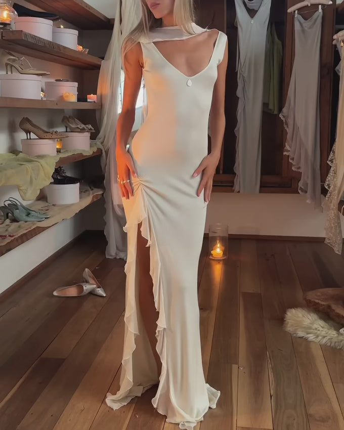 The Silk Blend Ivory Maxi Dress combines refined elegance with everyday comfort. Crafted from medium-weight jersey fabric, it molds gracefully to your form while allowing unrestricted movement. The adjustable tie-back closure lets you customize the fit, while delicate ruffled edges add flowing dimension. A detachable scarf accent provides styling versatility for any occasion. Unlined construction ensures breathability and ease, making this piece perfect for weddings, celebrations, or whenever you want to lo